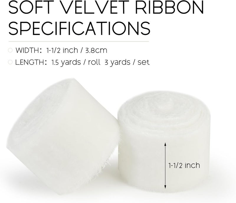 Keypan White Velvet Ribbon for Gift Wrapping - 1 1/2 inch Wide Handmade Fringe Fabric Ribbons for Christmas Decorations, Baby Shower, Flower Bouquet - Image 2